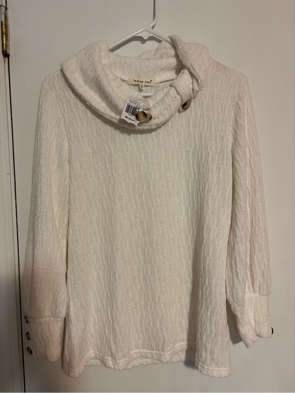 indigo soul Cream Cowl Neck Sweater with Button Cuffs